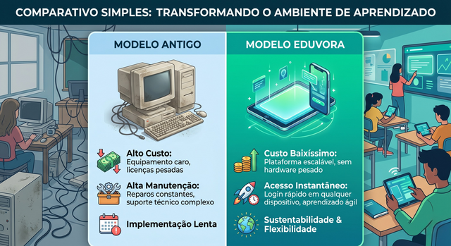 Um infográfico comparativo simples. De um lado, o "Modelo Antigo": ícone de PC pesado + alto custo + alta manutenção. Do outro, o "Modelo Eduvora": ícone de celular/tablet + custo baixíssimo + acesso instantâneo