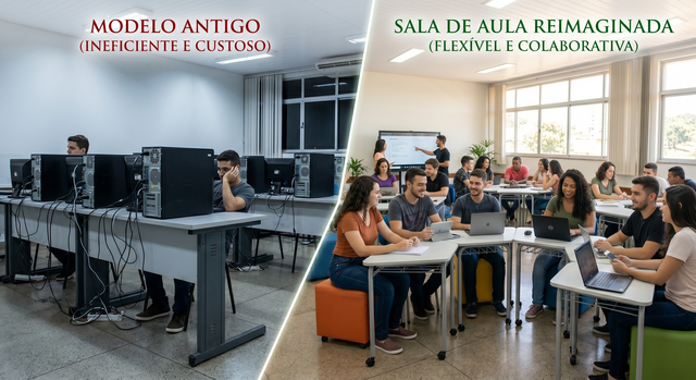O lado esquerdo mostra o modelo antigo e ineficiente que consome recursos. O lado direito mostra o mesmo espaço físico reimaginado, totalmente ocupado por alunos colaborando